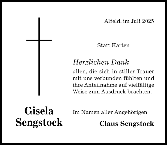 Traueranzeige von Gisela Sengstock von Hildesheimer Allgemeine Zeitung