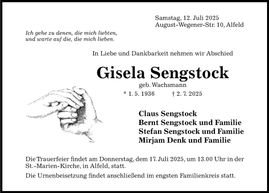 Traueranzeige von Gisela Sengstock von Hildesheimer Allgemeine Zeitung