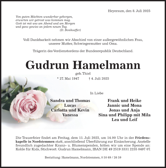 Traueranzeige von Gudrun Hamelmann von Hildesheimer Allgemeine Zeitung