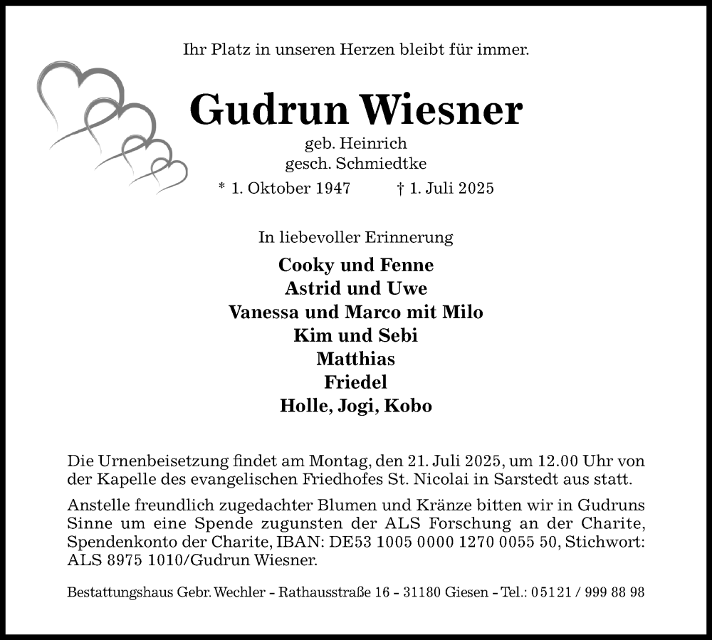  Traueranzeige für Gudrun Wiesner vom 05.07.2025 aus Hildesheimer Allgemeine Zeitung