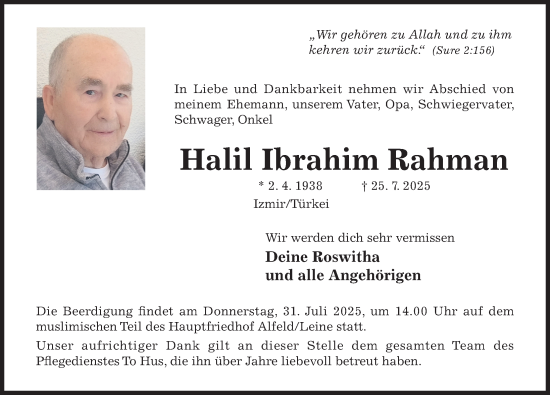 Traueranzeige von Halil Ibrahim Rahman von Hildesheimer Allgemeine Zeitung