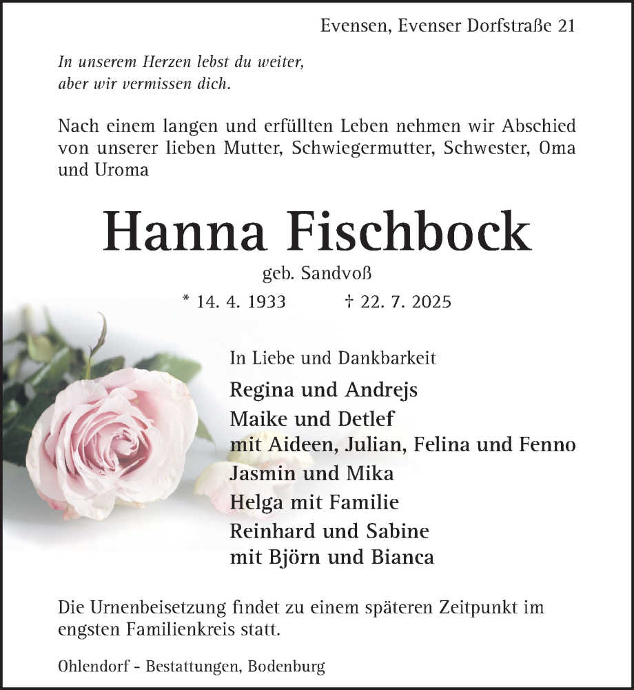  Traueranzeige für Hanna Fischbock vom 26.07.2025 aus Hildesheimer Allgemeine Zeitung