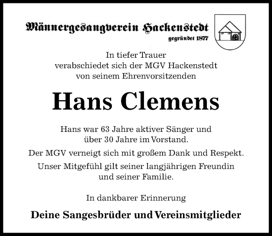 Traueranzeige von Hans Clemens von Hildesheimer Allgemeine Zeitung