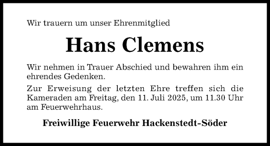 Traueranzeige von Hans Clemens von Hildesheimer Allgemeine Zeitung