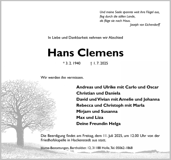 Traueranzeige von Hans Clemens von Hildesheimer Allgemeine Zeitung