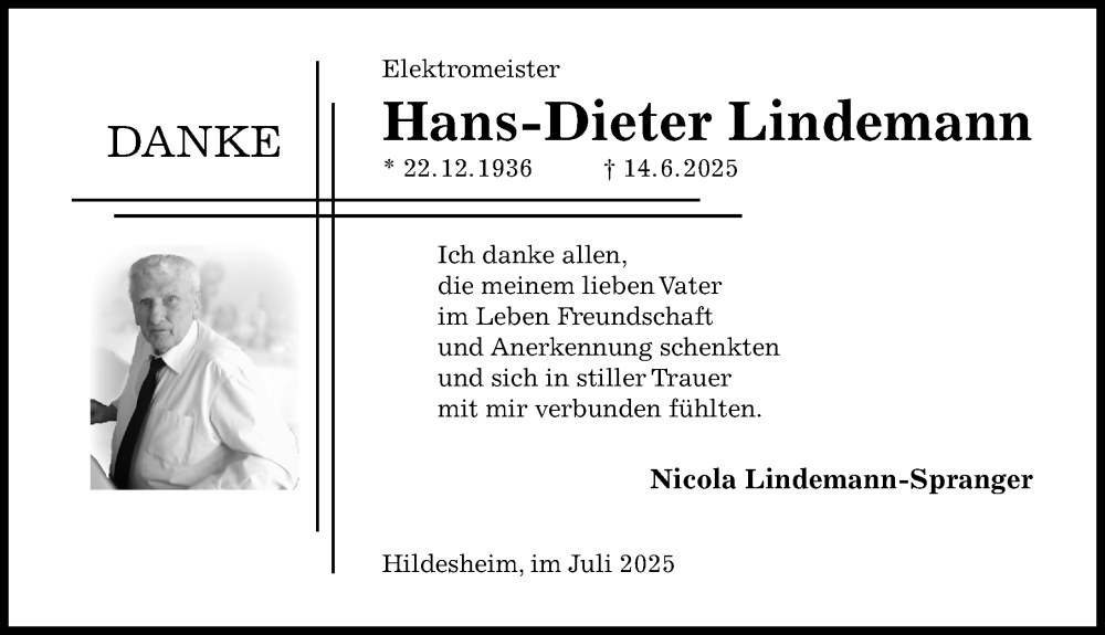  Traueranzeige für Hans-Dieter Lindemann vom 26.07.2025 aus Hildesheimer Allgemeine Zeitung