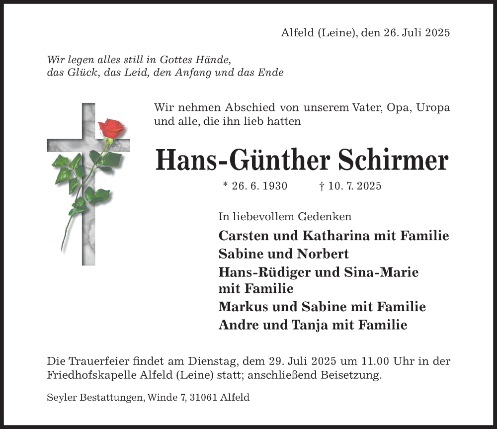 Traueranzeige für Hans-Günther Schirmer vom 26.07.2025 aus Hildesheimer Allgemeine Zeitung