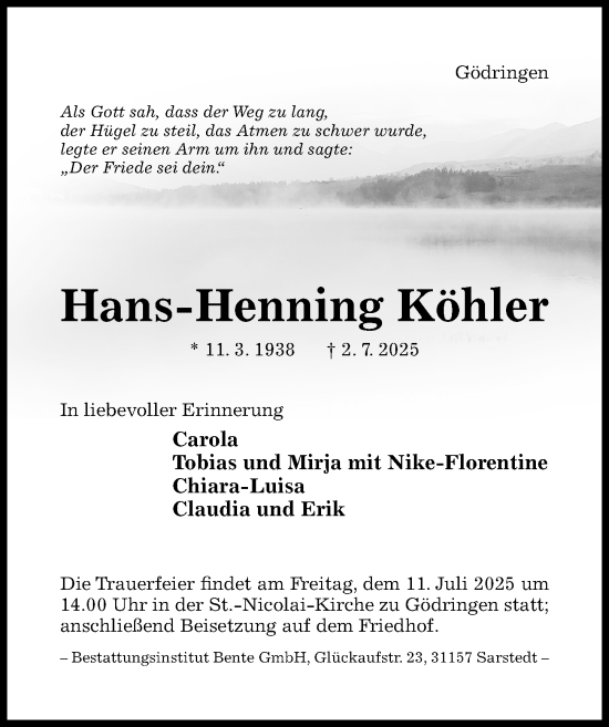 Traueranzeige von Hans-Henning Köhler von Hildesheimer Allgemeine Zeitung