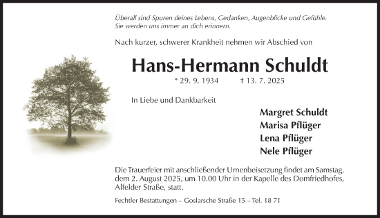 Traueranzeige von Hans-Hermann Schuldt von Hildesheimer Allgemeine Zeitung