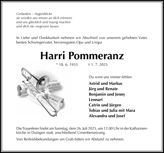 Traueranzeige von Harri Pommeranz von Hildesheimer Allgemeine Zeitung