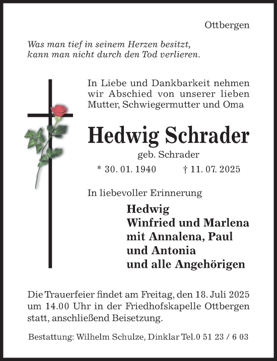 Traueranzeige von Hedwig Schrader von Hildesheimer Allgemeine Zeitung