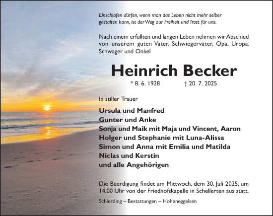 Traueranzeige von Heinrich Becker von Hildesheimer Allgemeine Zeitung