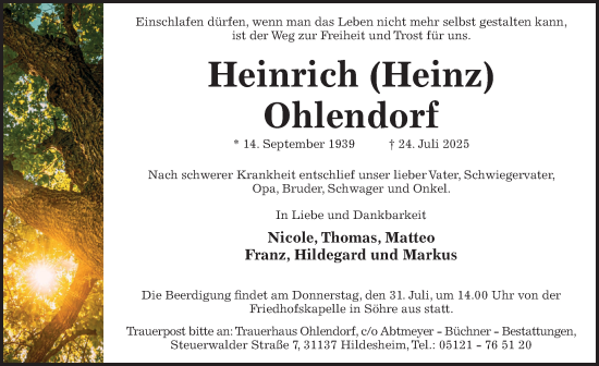 Traueranzeige von Heinrich Ohlendorf von Hildesheimer Allgemeine Zeitung