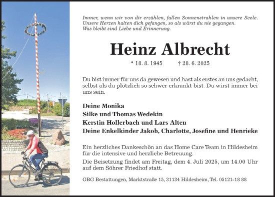 Traueranzeige von Heinz Albrecht von Hildesheimer Allgemeine Zeitung