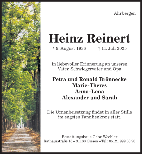 Traueranzeige von Heinz Reinert von Hildesheimer Allgemeine Zeitung