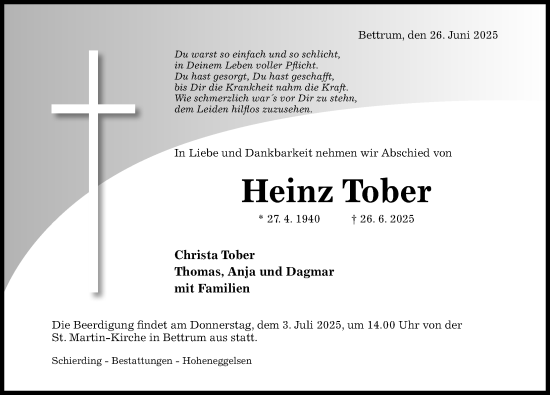 Traueranzeige von Heinz Tober von Hildesheimer Allgemeine Zeitung