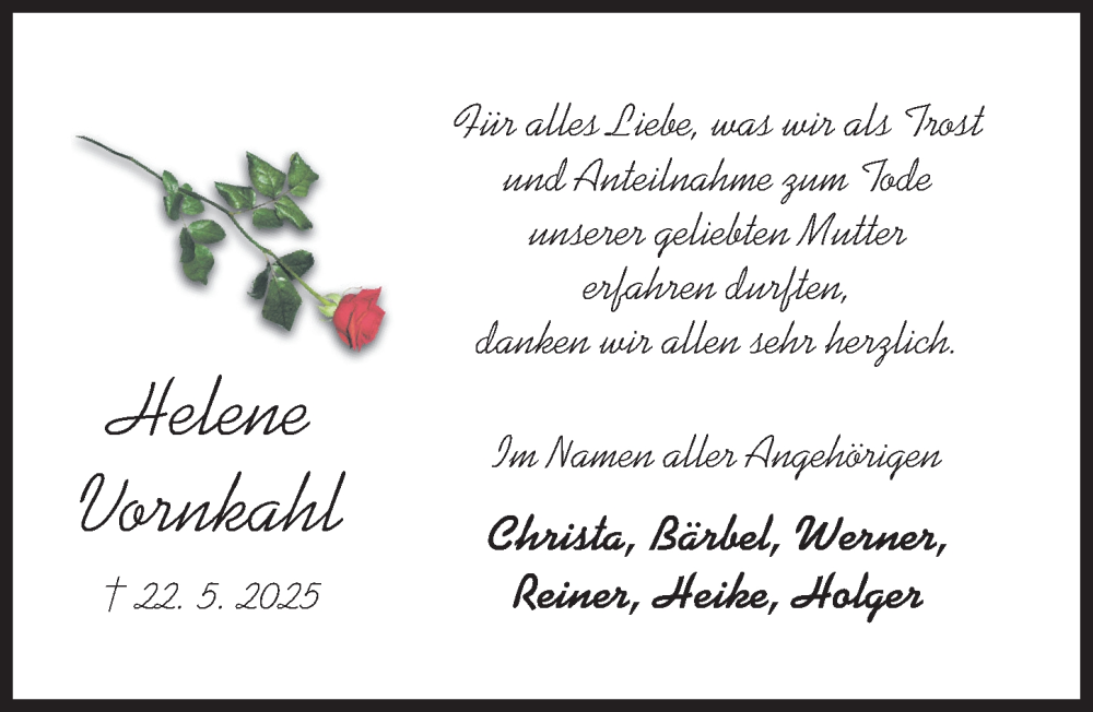  Traueranzeige für Helene Vornkahl vom 09.07.2025 aus Hildesheimer Allgemeine Zeitung