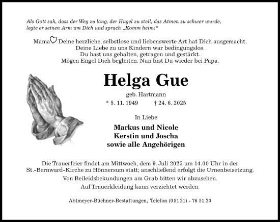 Traueranzeige von Helga Gue von Hildesheimer Allgemeine Zeitung