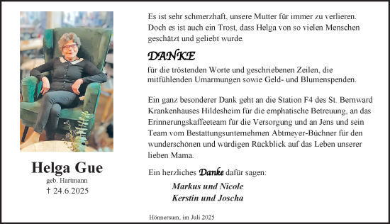 Traueranzeige von Helga Gue von Hildesheimer Allgemeine Zeitung