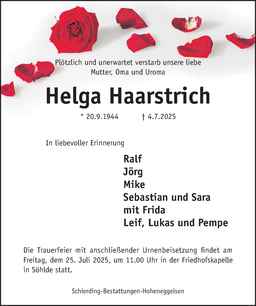  Traueranzeige für Helga Haarstrich vom 22.07.2025 aus Hildesheimer Allgemeine Zeitung