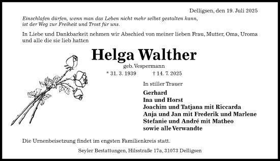 Traueranzeige von Helga Walther von Hildesheimer Allgemeine Zeitung