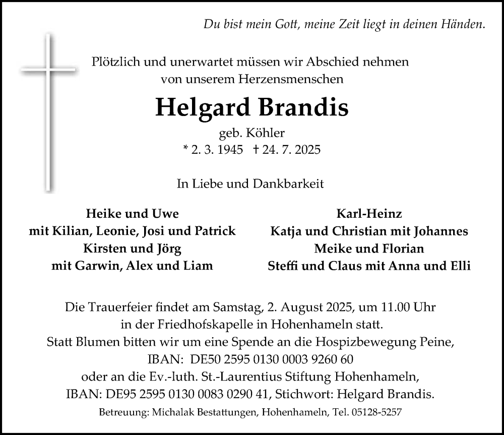  Traueranzeige für Helgard Brandis vom 30.07.2025 aus Hildesheimer Allgemeine Zeitung