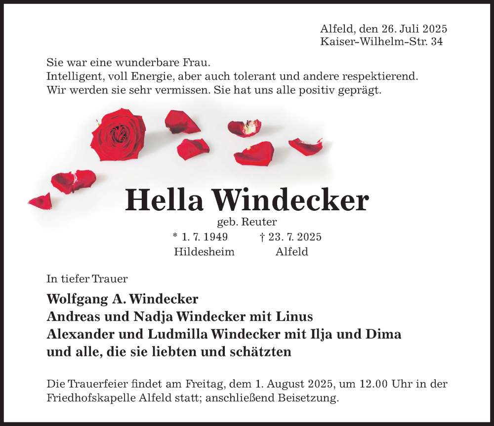  Traueranzeige für Hella Windecker vom 26.07.2025 aus Hildesheimer Allgemeine Zeitung
