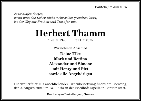 Traueranzeige von Herbert Thamm von Hildesheimer Allgemeine Zeitung
