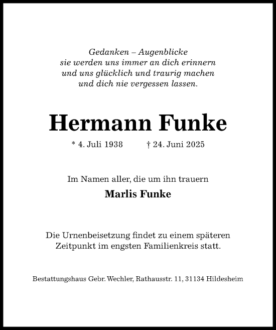 Traueranzeige von Hermann Funke von Hildesheimer Allgemeine Zeitung