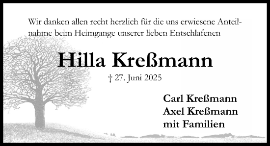 Traueranzeige von Hilla Kreßmann von Hildesheimer Allgemeine Zeitung
