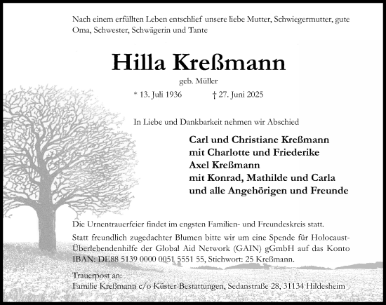 Traueranzeige von Hilla Kreßmann von Hildesheimer Allgemeine Zeitung