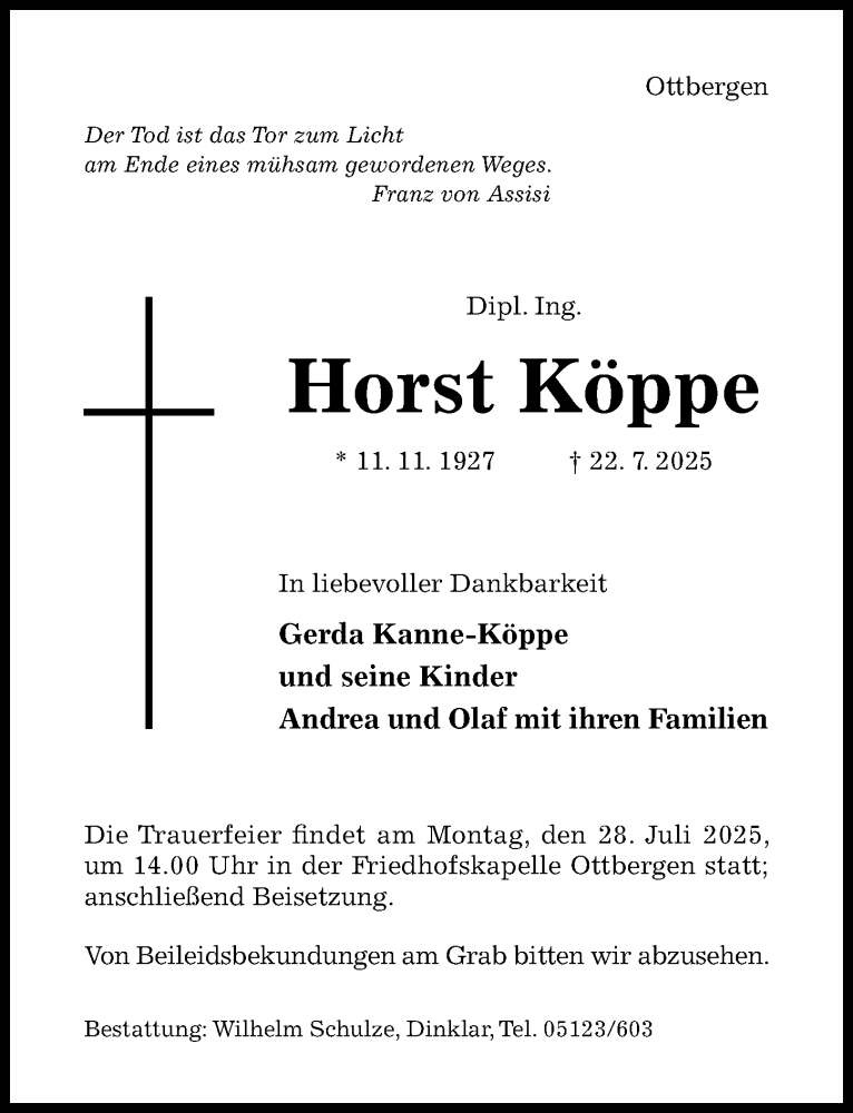  Traueranzeige für Horst Köppe vom 26.07.2025 aus Hildesheimer Allgemeine Zeitung