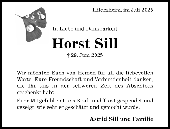 Traueranzeige von Horst Sill von Hildesheimer Allgemeine Zeitung