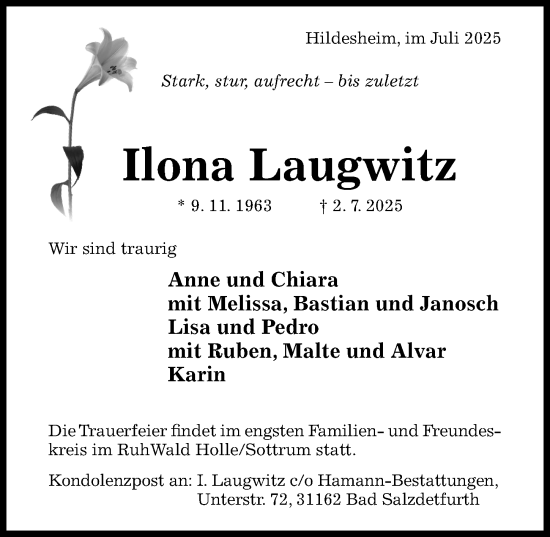 Traueranzeige von Ilona Laugwitz von Hildesheimer Allgemeine Zeitung