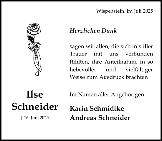 Traueranzeige von Ilse Schneider von Hildesheimer Allgemeine Zeitung