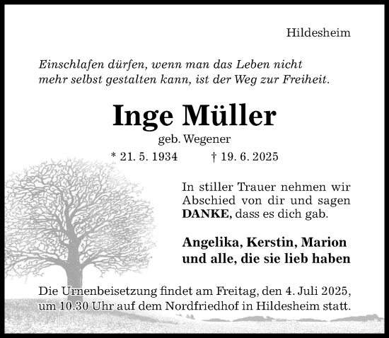 Traueranzeige von Inge Müller von Hildesheimer Allgemeine Zeitung