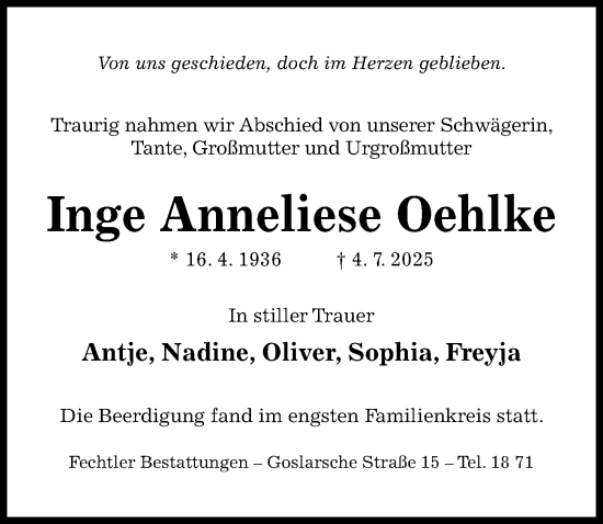 Traueranzeige von Inge Anneliese Oehlke von Hildesheimer Allgemeine Zeitung