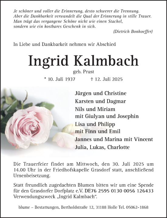 Traueranzeige von Ingrid Kalmbach von Hildesheimer Allgemeine Zeitung