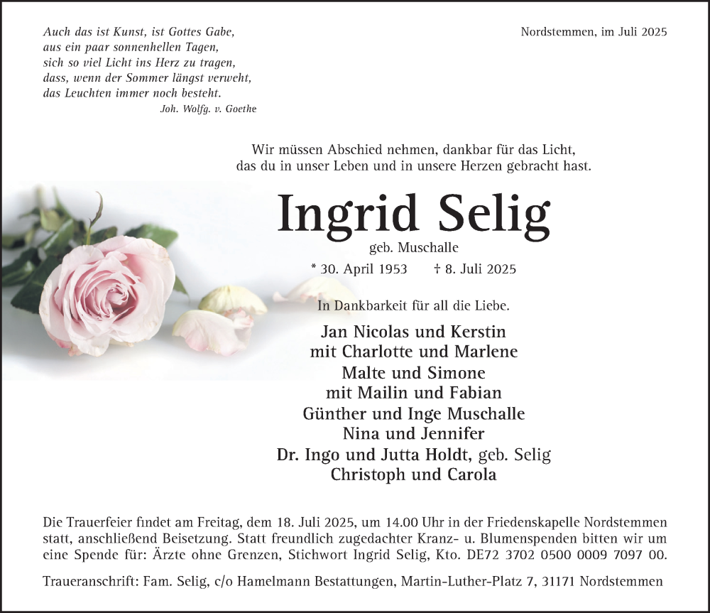  Traueranzeige für Ingrid Selig vom 12.07.2025 aus Hildesheimer Allgemeine Zeitung