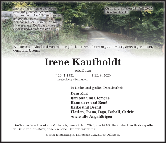 Traueranzeige von Irene Kaufholdt von Hildesheimer Allgemeine Zeitung
