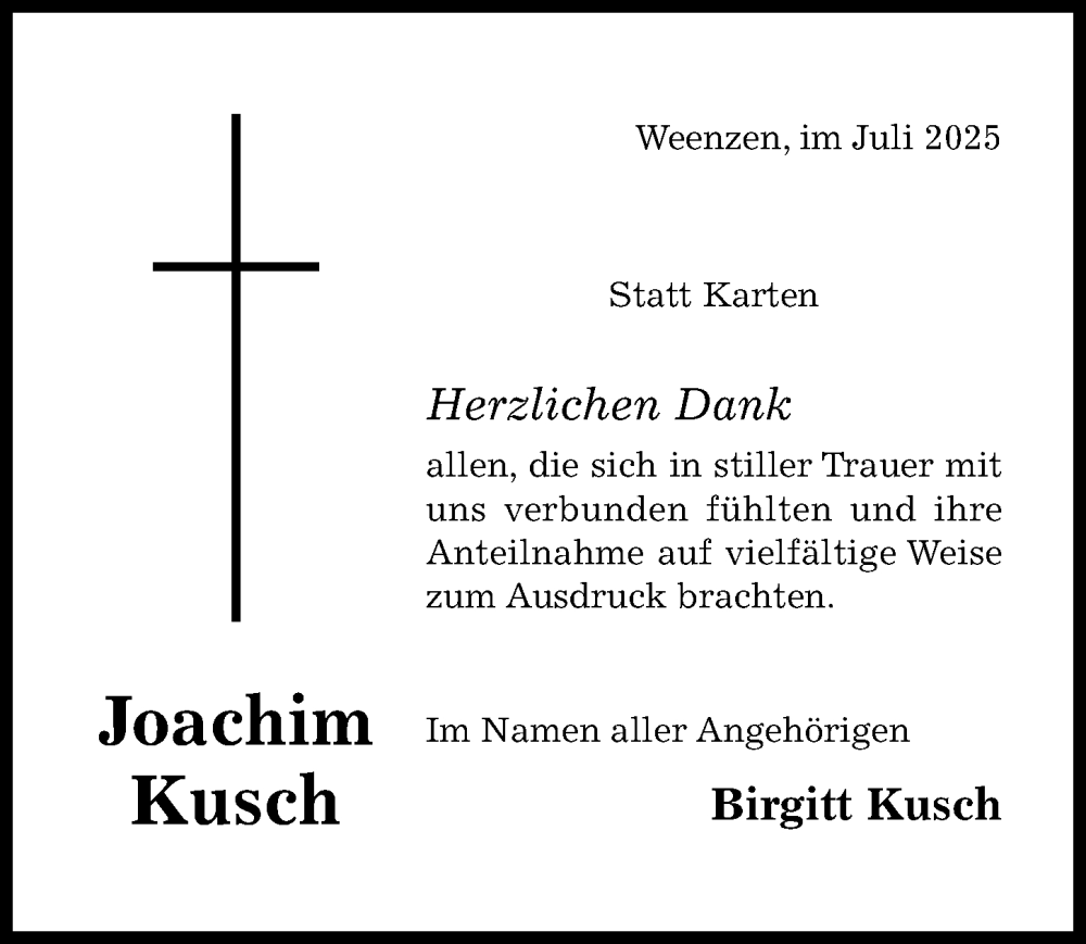  Traueranzeige für Joachim Kusch vom 05.07.2025 aus Hildesheimer Allgemeine Zeitung