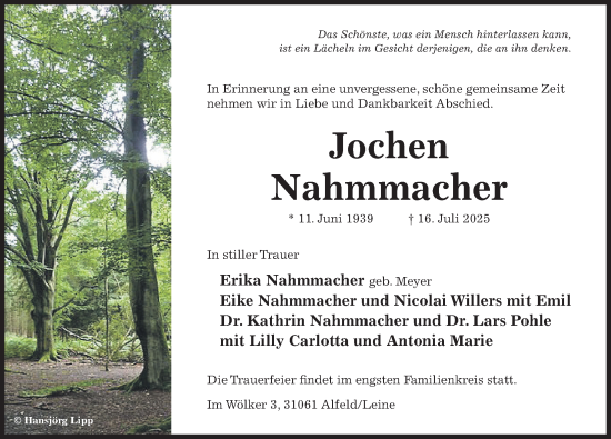 Traueranzeige von Jochen Nahmmacher von Hildesheimer Allgemeine Zeitung