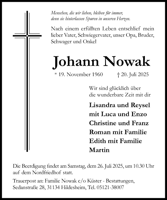 Traueranzeige von Johann Nowak von Hildesheimer Allgemeine Zeitung