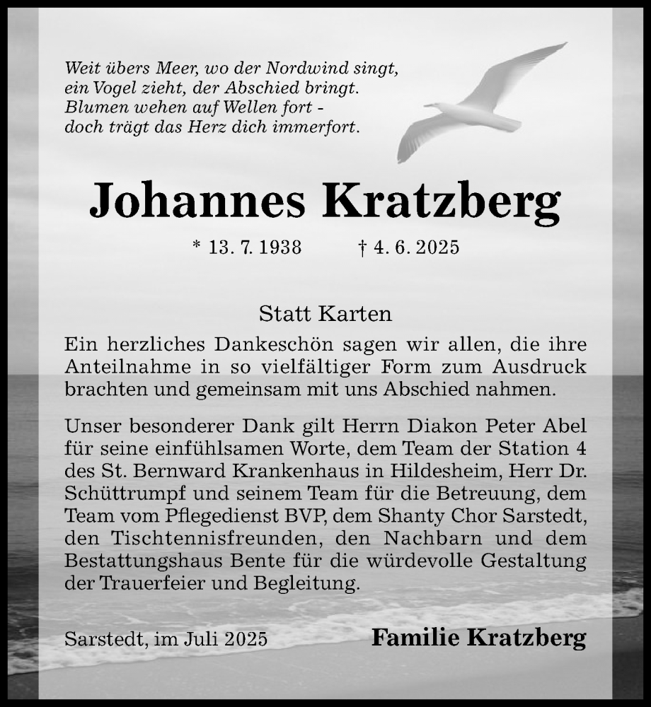  Traueranzeige für Johannes Kratzberg vom 16.07.2025 aus Hildesheimer Allgemeine Zeitung