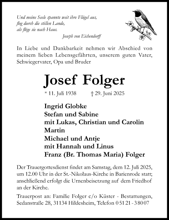 Traueranzeige von Josef Folger von Hildesheimer Allgemeine Zeitung