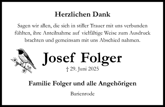 Traueranzeige von Josef Folger von Hildesheimer Allgemeine Zeitung