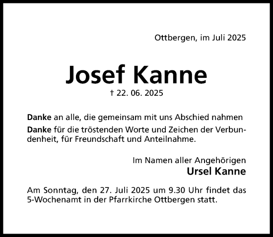 Traueranzeige von Josef Kanne von Hildesheimer Allgemeine Zeitung