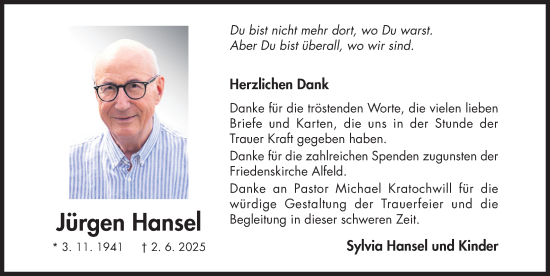 Traueranzeige von Jürgen Hansel von Hildesheimer Allgemeine Zeitung