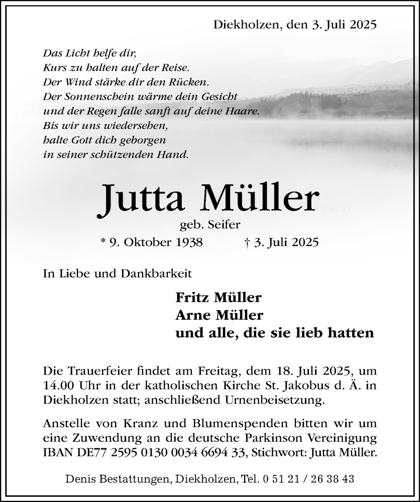  Traueranzeige für Jutta Müller vom 12.07.2025 aus Hildesheimer Allgemeine Zeitung