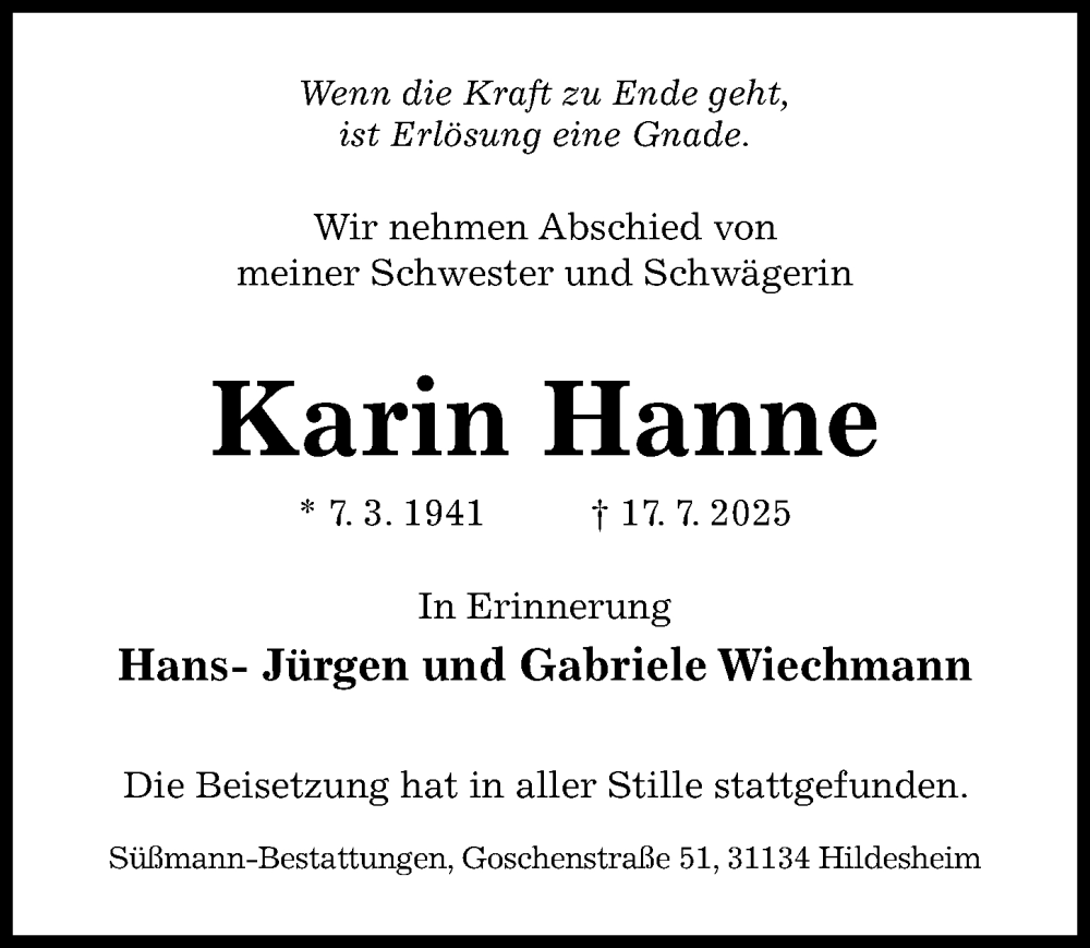  Traueranzeige für Karin Hanne vom 30.07.2025 aus Hildesheimer Allgemeine Zeitung
